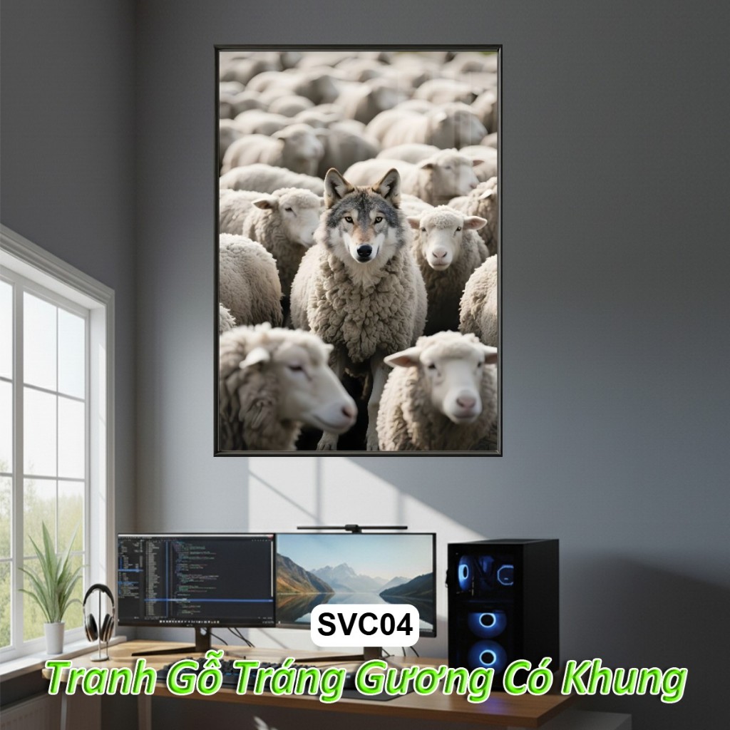 Bộ Sưu Tập Tranh Gỗ Tráng Gương Sói & Cừu – Nghệ Thuật Đối Lập Đầy Ẩn Ý Khung Composite Decor Treo Tường