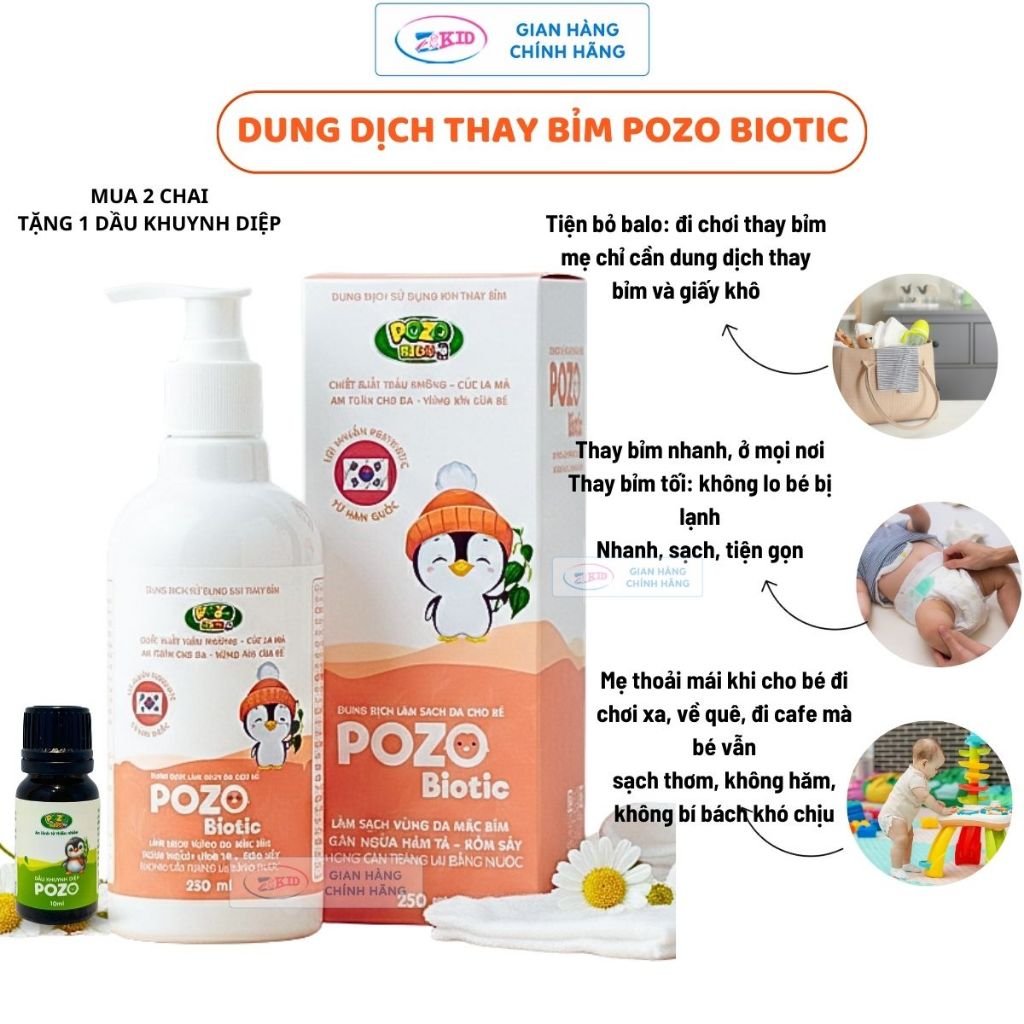 Dung dịch thay bỉm cho bé Pozo Biotic, không cần tráng nước, làm sạch, ngừa hăm hiệu quả 250ML
