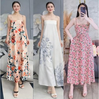 Đầm váy nữ hoa nhí 2s đi biển, váy maxi dáng suông 2 dây lưng chun, Đầm hoa nhí nữ tính chữ A dáng dài VD04 VD01-BIATON