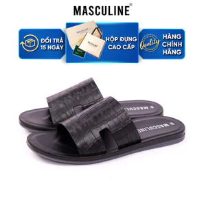 Dép nam MASCULINE MDL603 quai ngang bản to da bò cao cấp họa tiêt vân da cá sấu đế PU chống trơn