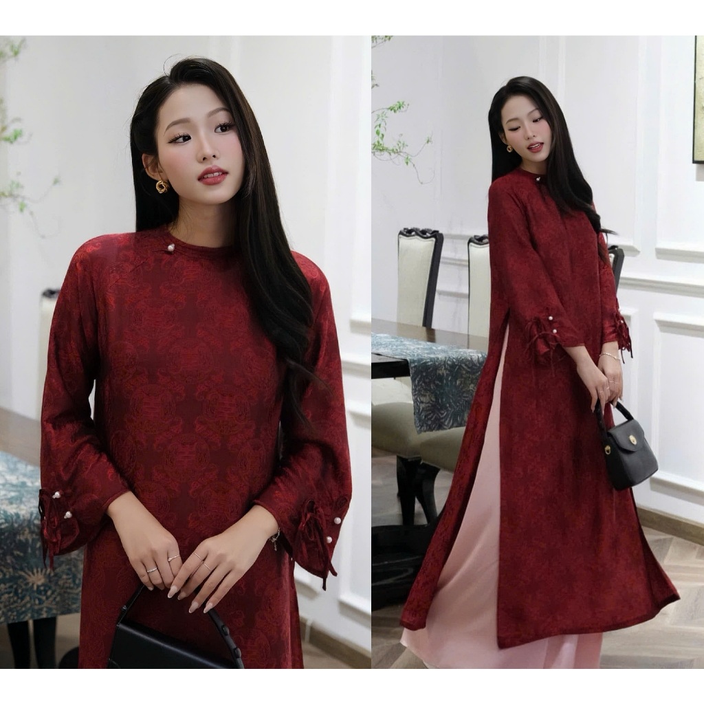 Áo Dài Truyền Thống Cách Tân Dáng Suông Gấm Nổi Cao CấpThiết Kế Tay Loe Thắt Dây Nơ Tỉ Mỉ Đi Tiệc Cưới Hỏi Sang T1470G