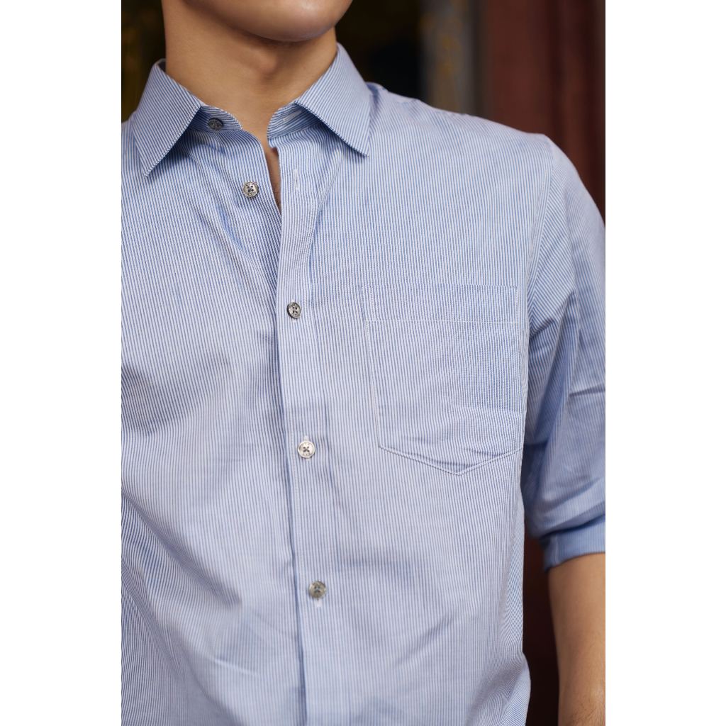 Áo Sơ Mi Nam Dài Tay NINOMAXX Xanh Kẻ Sọc Chất Cotton Có Túi Trước Form Slimft Tôn Dáng 2101087