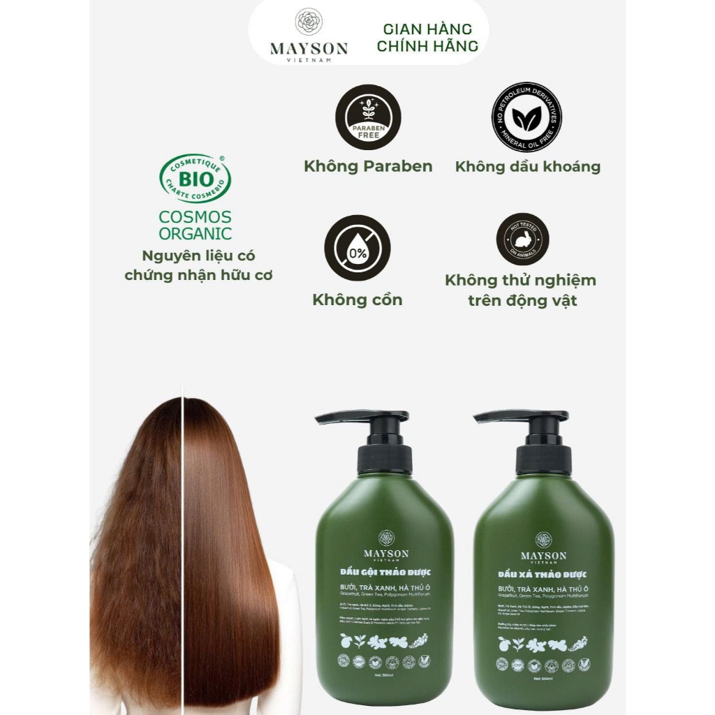 Combo Dầu Gội Xả Ngừa Rụng Tóc MaySon, Dầu Gội Xả Làm Sạch Nuôi Dưỡng Phục Hồi Óng Ả 500gr MaySon