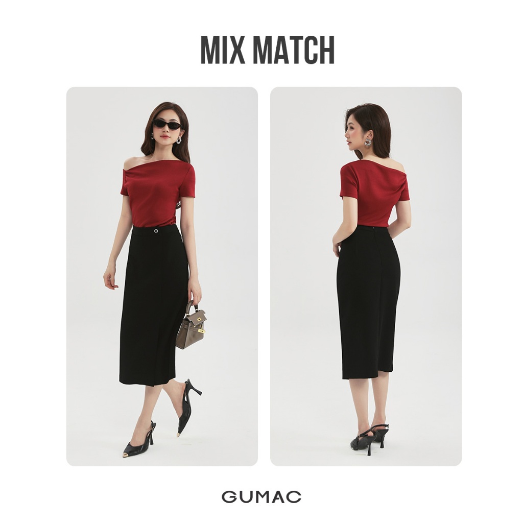 Chân Váy Bút Chì GUMAC Dáng Suông Xẻ Đắp Trước Chất Tuyết Mưa Đứng Form Không Túi LVE0107