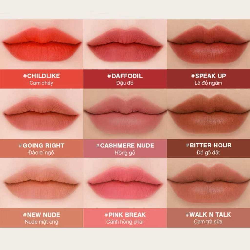 Son Kem Lì Mịn Môi 3CE Full Màu Velvet Lip Tint –Son Nhung Mềm Mịn, Lên Màu Chuẩn, Lâu Trôi, Phong Cách Hàn Quốc