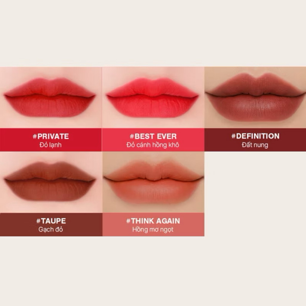 Son Kem Lì Mịn Môi 3CE Full Màu Velvet Lip Tint –Son Nhung Mềm Mịn, Lên Màu Chuẩn, Lâu Trôi, Phong Cách Hàn Quốc