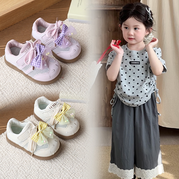 Giày thể thao trẻ em Bella Neman mùa xuân mới với lưới thoáng khí, trang trí nơ xinh xắn