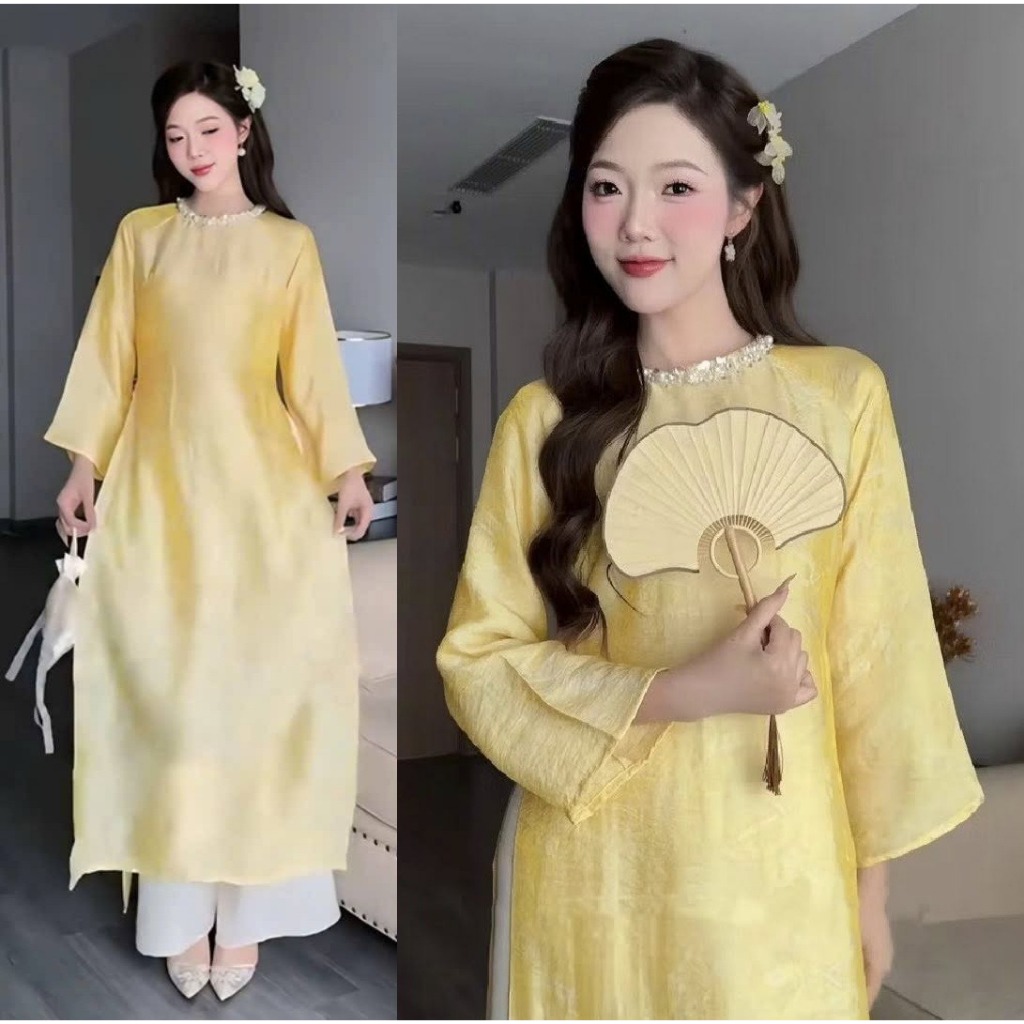 Set Áo Dài Nữ Cách Tân Dáng Suông Gấm Cao Cấp Mẫu Áo Dài Đi Lễ Tết Sự Kiện Cực Sang Tôn Da Che Khuyết T1479G