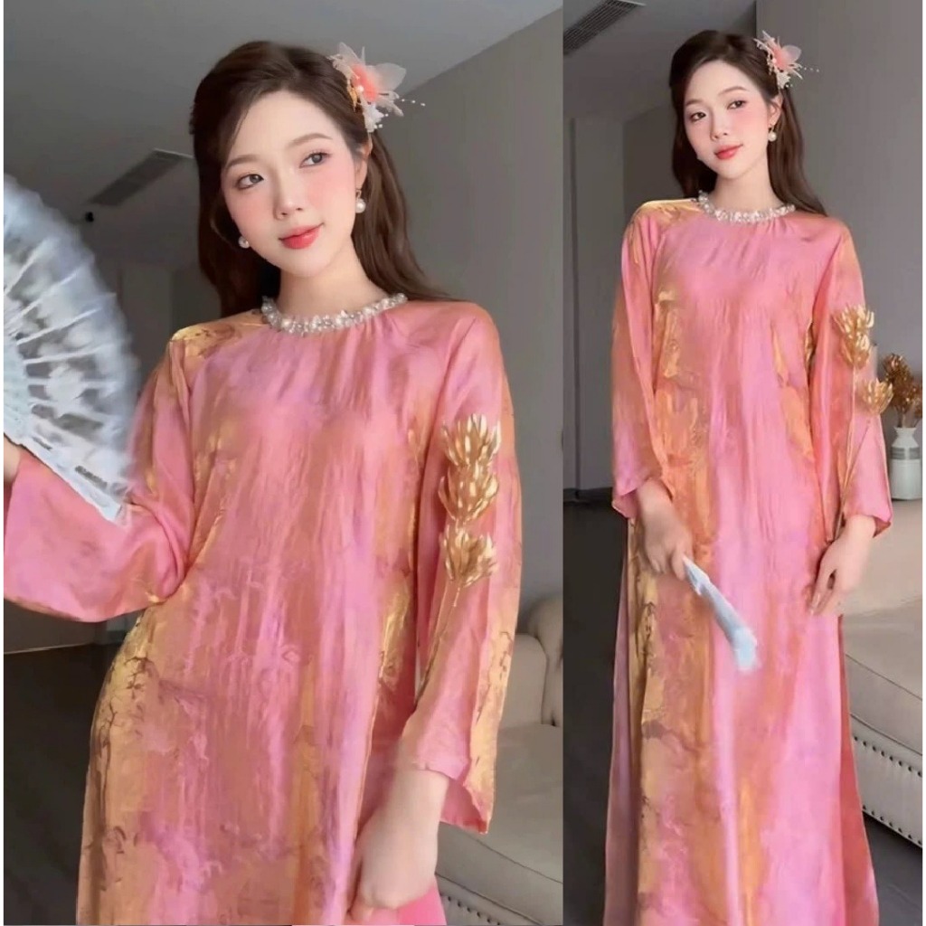 Set Áo Dài Nữ Cách Tân Dáng Suông Gấm Cao Cấp Mẫu Áo Dài Đi Lễ Tết Sự Kiện Cực Sang Tôn Da Che Khuyết T1479G