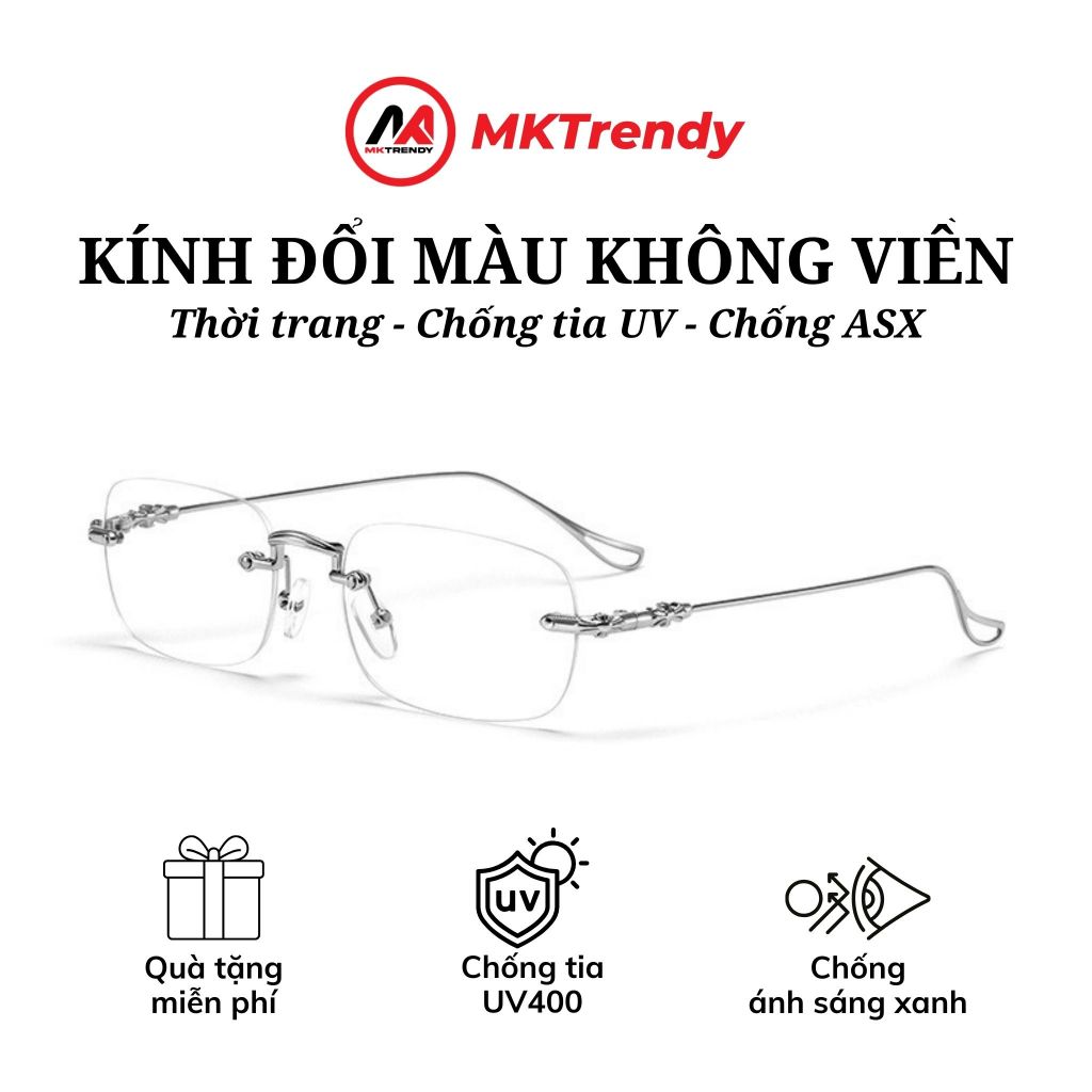 Kính không viền đổi màu MKTRENDY gọng kim loại chống ánh sáng xanh chống tia UV kính cận thời trang nam nữ X13