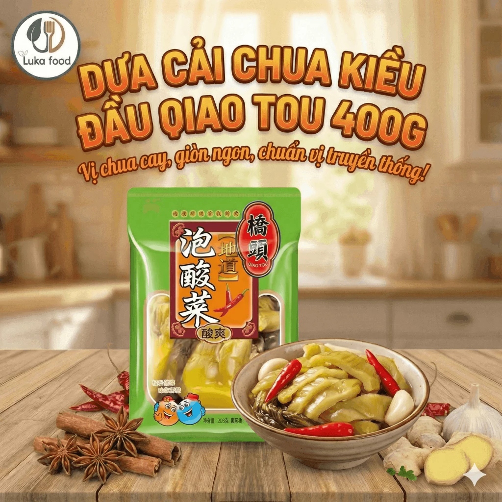 Dưa Cải Chua Kiều Đầu Qiao Tou 400g - Giòn Sần Sật Chuyên Nấu Canh Cá, Lẩu Cá Dưa Chua Tứ Xuyên Giòn Ngon Luka Food