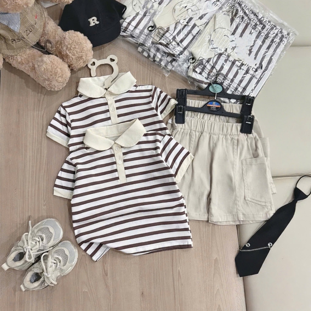 Bộ quần áo Polo cộc tay họa tiết kẻ hàn chất áo cotton mềm mịn,thoáng mát phối quần kaki cho bé đi học ,đi chơi size 9-2