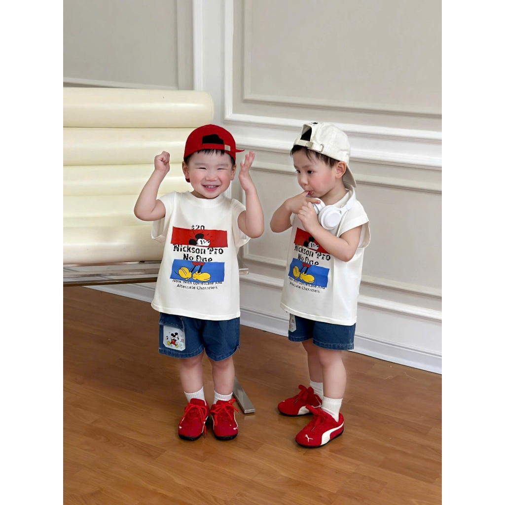 Bộ quần áo ba lỗ họa tiết mickey chất cotton mềm mịn,thoáng mát kèm quần jean cho bé mặc nhà, đi học đi chơi size 9-22kg
