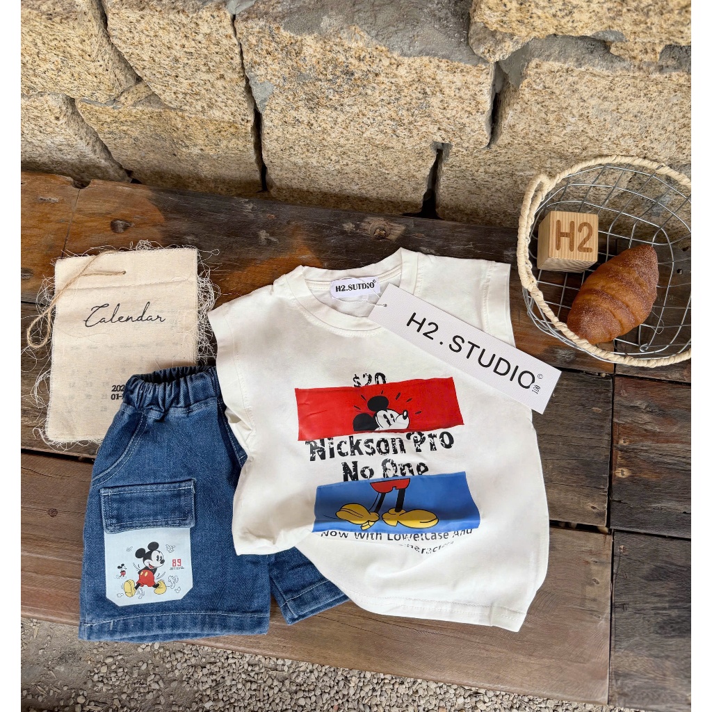 Bộ quần áo ba lỗ họa tiết mickey chất cotton mềm mịn,thoáng mát kèm quần jean cho bé mặc nhà, đi học đi chơi size 9-22kg