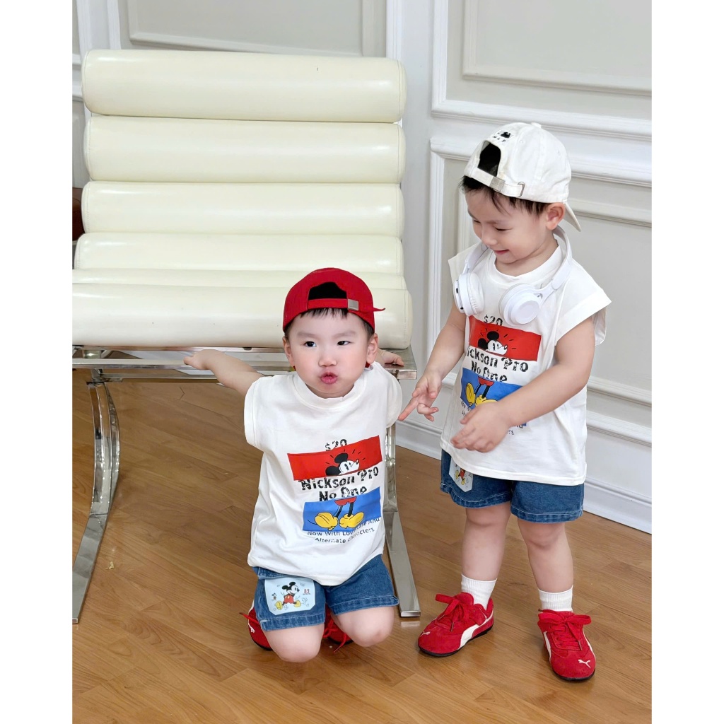Bộ quần áo ba lỗ họa tiết mickey chất cotton mềm mịn,thoáng mát kèm quần jean cho bé mặc nhà, đi học đi chơi size 9-22kg