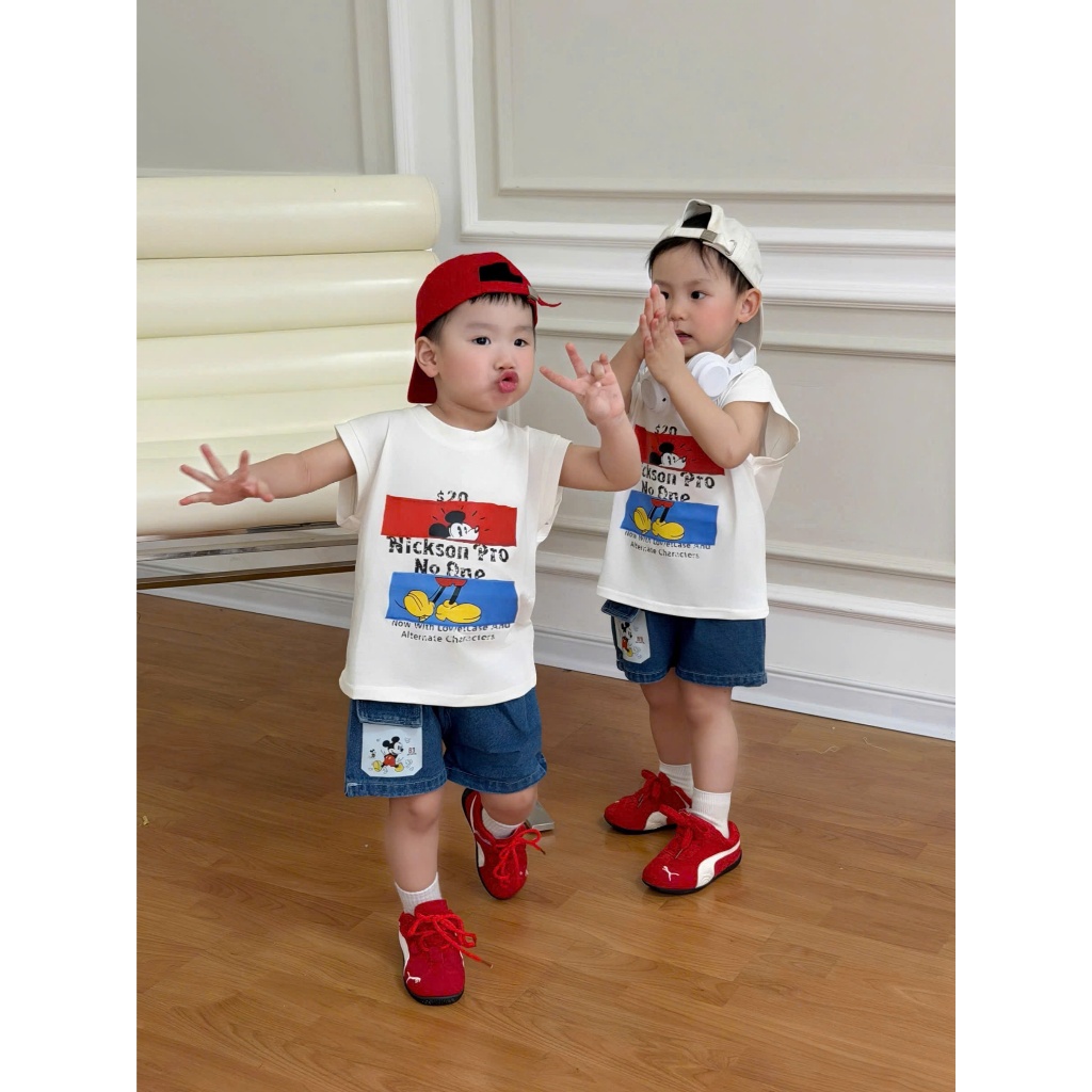 Bộ quần áo ba lỗ họa tiết mickey chất cotton mềm mịn,thoáng mát kèm quần jean cho bé mặc nhà, đi học đi chơi size 9-22kg