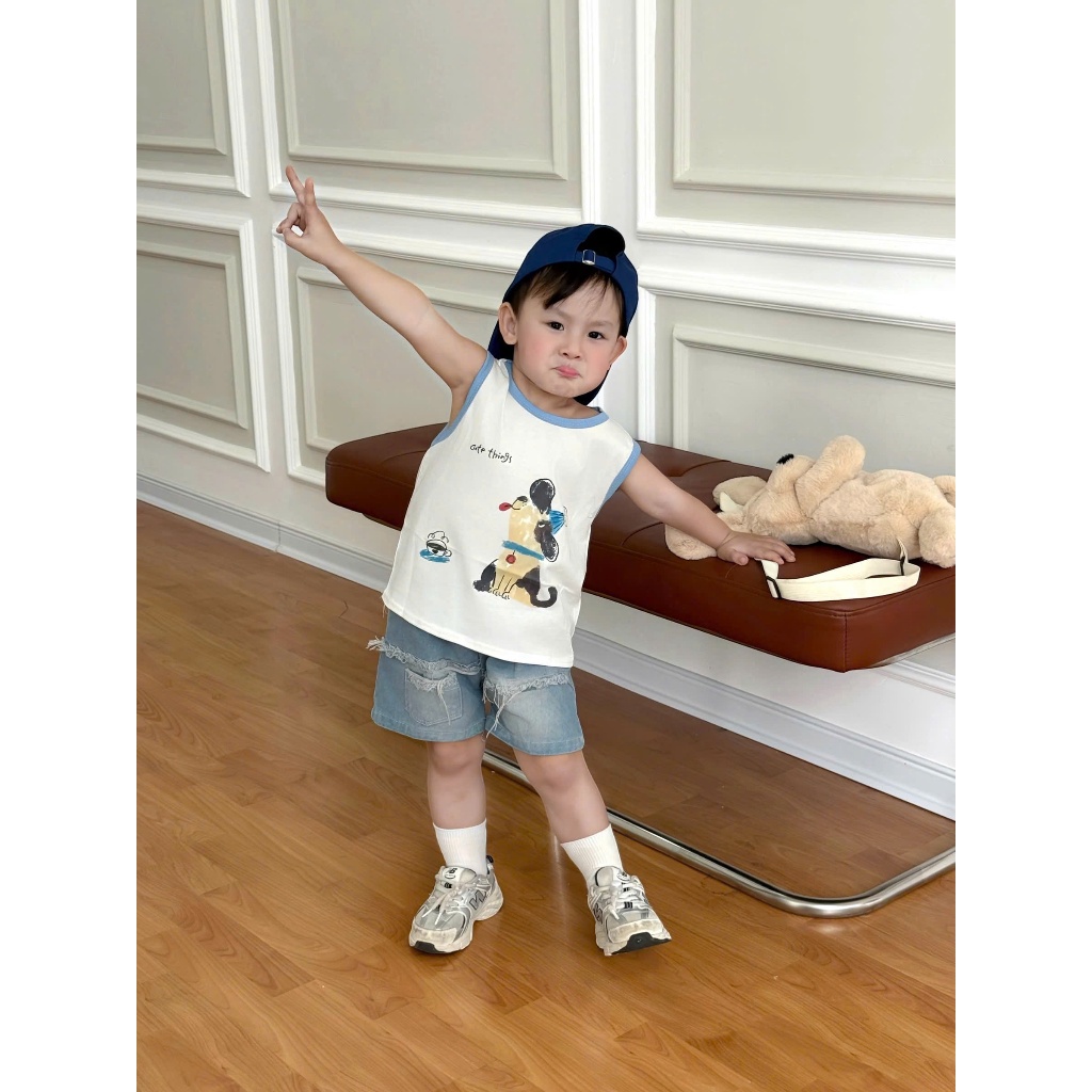 Bộ quần áo ba lỗ họa tiết CÚN chất cotton mềm mịn,thoáng mát kèm quần jean phong cách cho bé mặc nhà, đi học đi chơi siz