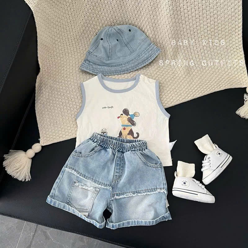 Bộ quần áo ba lỗ họa tiết CÚN chất cotton mềm mịn,thoáng mát kèm quần jean phong cách cho bé mặc nhà, đi học đi chơi siz