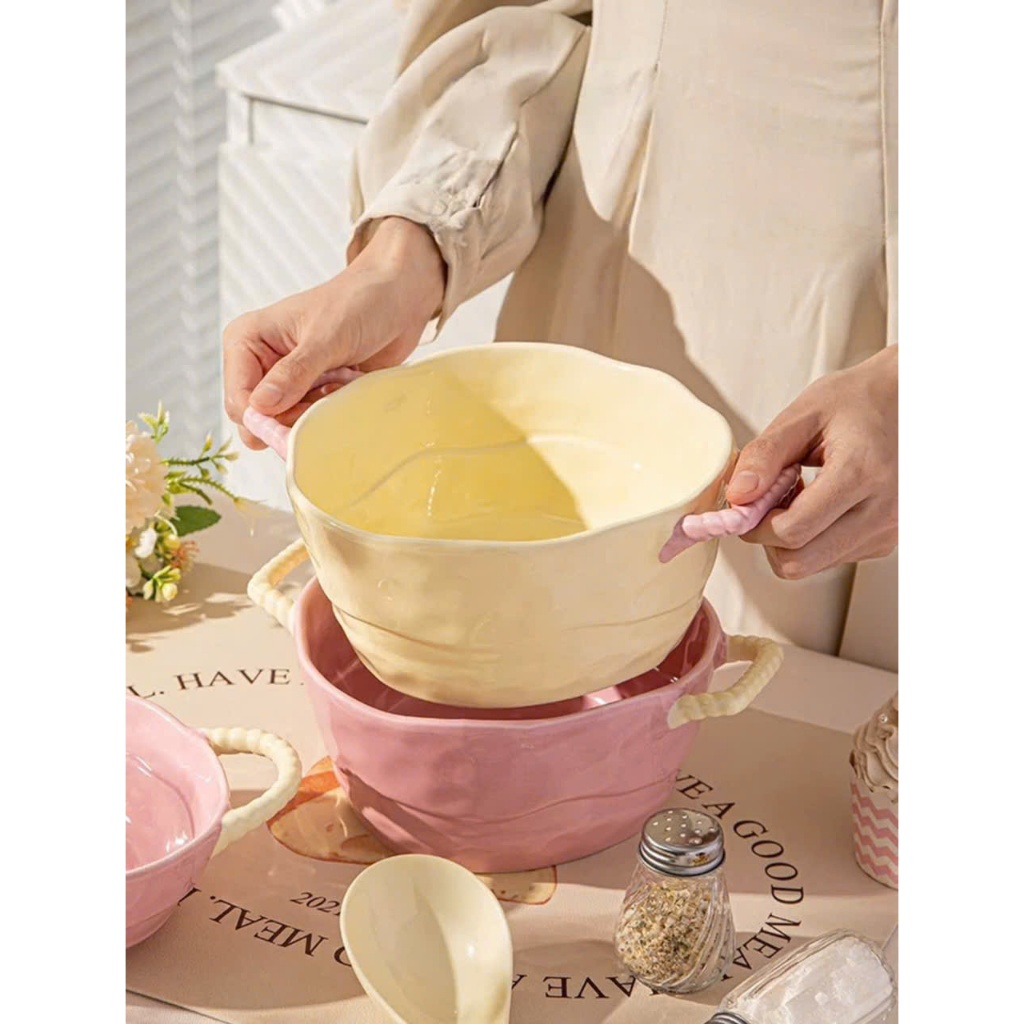 Bát Tô Sứ Pastel Kèm Muôi Múc Canh – Tô Ăn Mì, Cháo, Canh Tay Cầm Dễ Thương