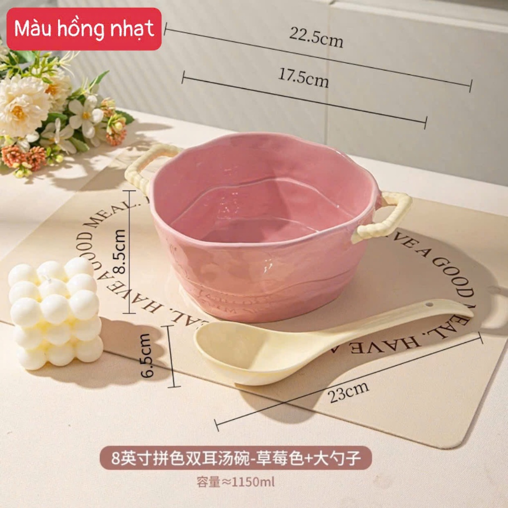 Bát Tô Sứ Pastel Kèm Muôi Múc Canh – Tô Ăn Mì, Cháo, Canh Tay Cầm Dễ Thương