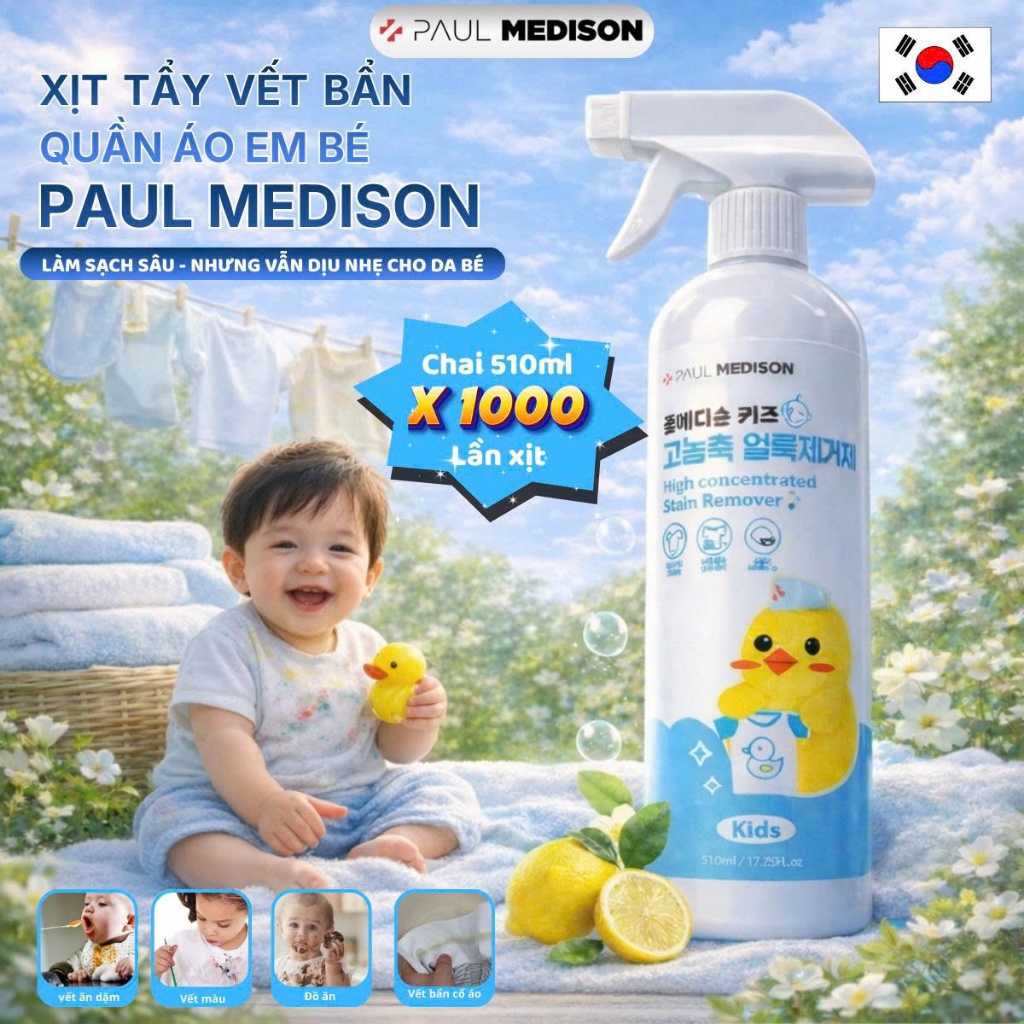 [1000 LẦN XỊT]  Xịt Tẩy Quần Áo Cho Bé Paul Medison 510ML – Không Cần Chà Mạnh, Phù Hợp Da Nhạy Cảm, Không Lo Phai Màu