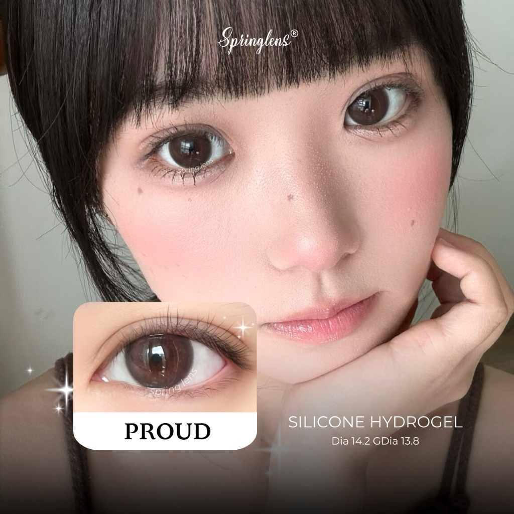 Kính áp tròng Proud Brown nâu hồng đen viền giãn tròng cute douyin Silicone Hydrogel 1 tháng 0-7 độ | Spring Lens
