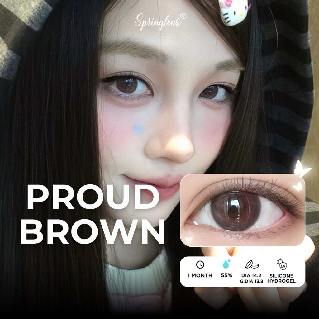 Kính áp tròng Proud Brown nâu hồng đen viền giãn tròng cute douyin Silicone Hydrogel 1 tháng 0-7 độ | Spring Lens