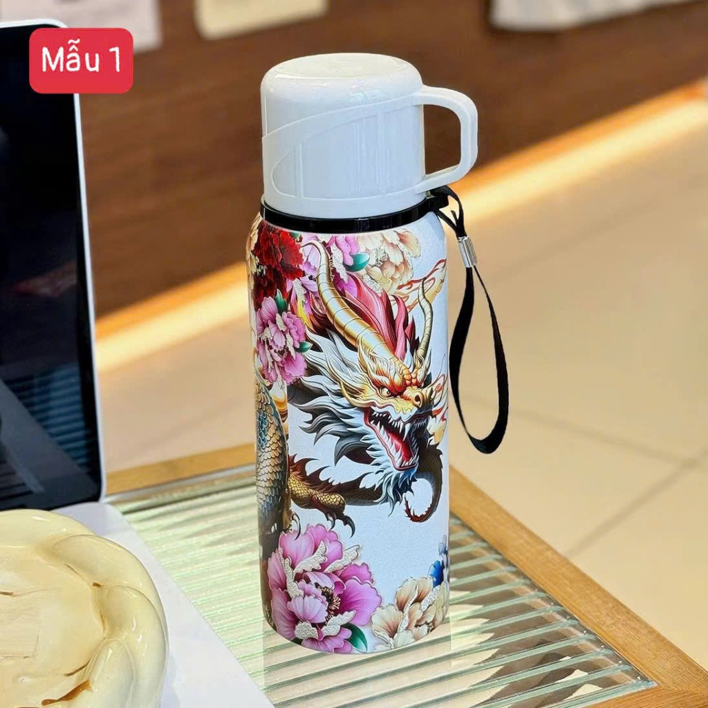 Bình Giữ Nhiệt Inox 304 600ml Hoạ Tiết Cao Cấp – Nắp Làm Cốc Uống, Bình Nước Giữ Nóng Lạnh Tiện Lợi