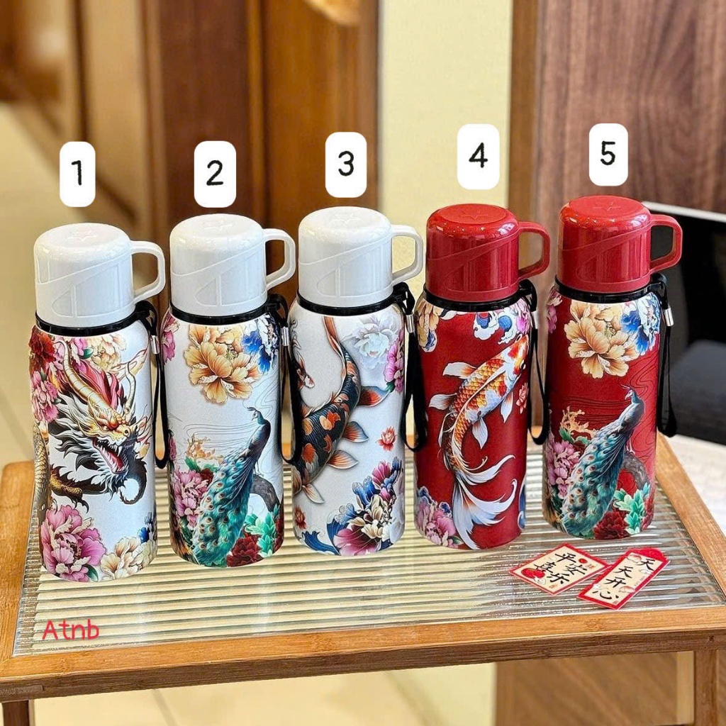 Bình Giữ Nhiệt Inox 304 600ml Hoạ Tiết Cao Cấp – Nắp Làm Cốc Uống, Bình Nước Giữ Nóng Lạnh Tiện Lợi