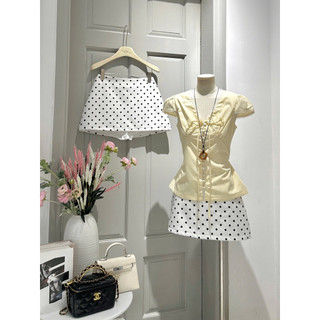 SEP House - Set áo xô vàng cổ V viền ren đính nút cột nơ tay ngắn phối  váy chấm bi trắng A trendy mùa hè
