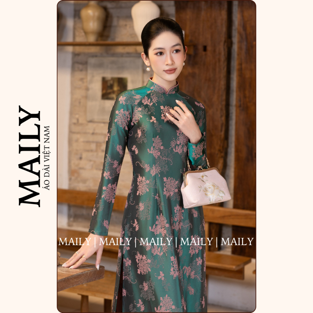 Áo Dài Duyên Nhã Dáng Ôm Truyền Thống, Thiết Kế Cổ Cao Tay Dài Sang Trọng Họa Tiết Xinh Xắn - ÁO DÀI MAILY