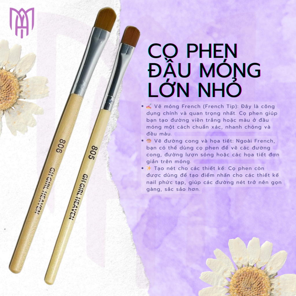 Cọ Nail Phen (French) GH Girl Heaven Đầu Móng Lớn Nhỏ, Cọ Chùi Phen Móng - Cán Đen, Cán Gỗ