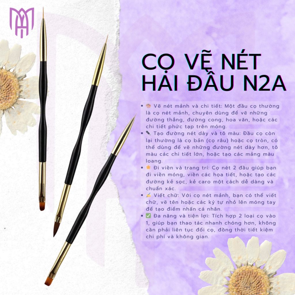 Cọ Vẽ Nét Hai Đầu N2A Mary Artistry Vẽ Nét Úp Gel, Nặn Hoa Đắp Bột Nối Móng Tiện Lợi - Combo 3 Cọ