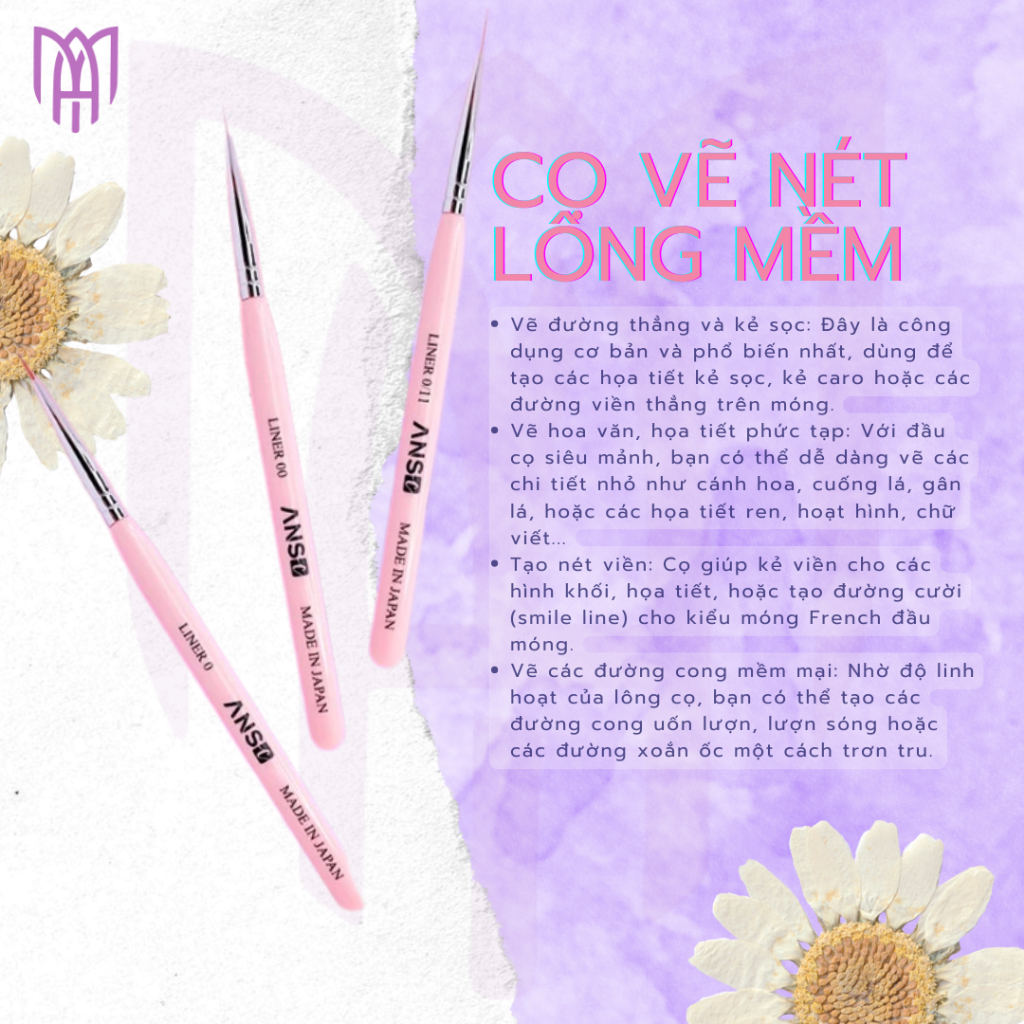 Cọ Vẽ Móng Nét Mảnh, Cọ Tóc Cao Cấp Cán Hồng Lông Mềm Japan ANSC - Combo 3 Cọ