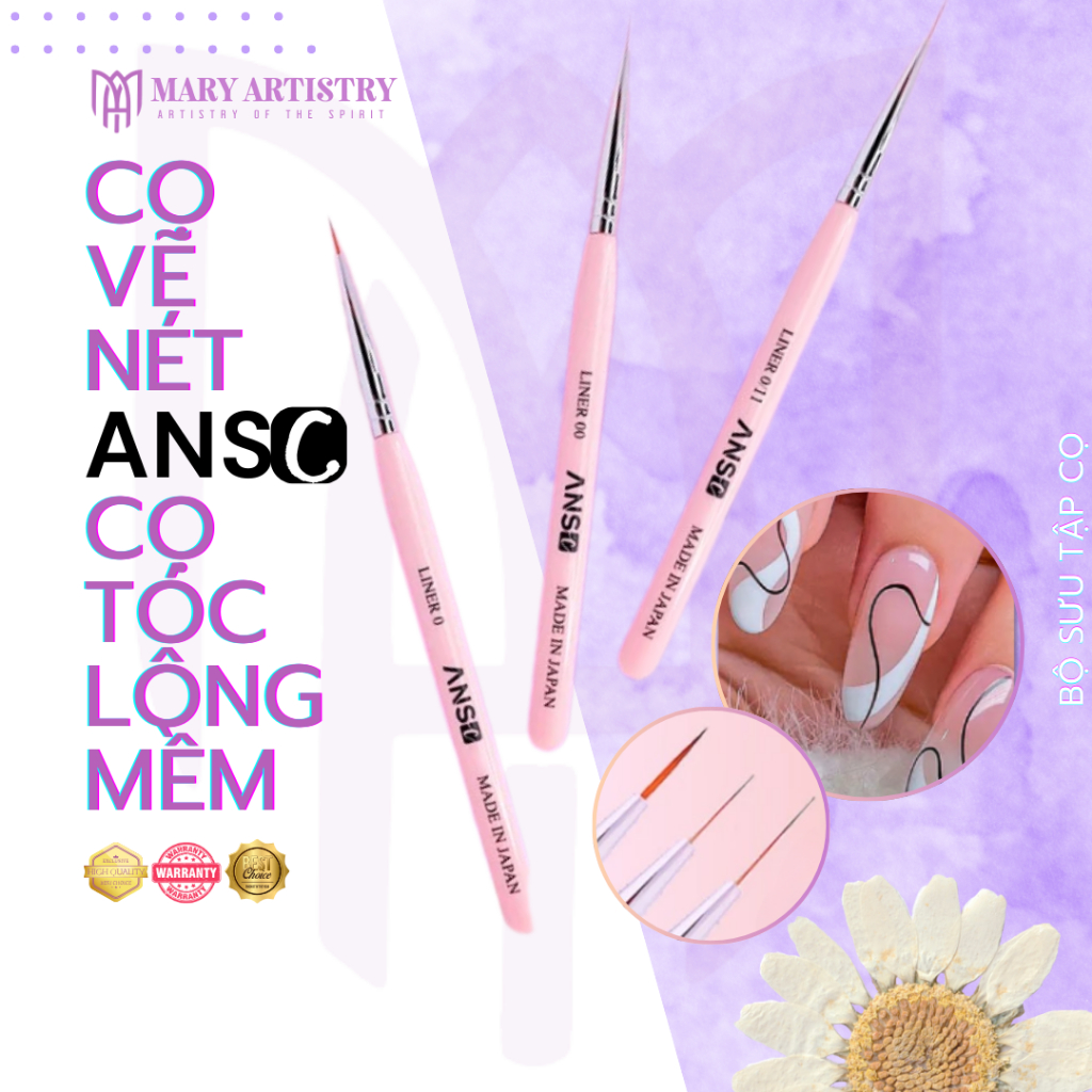 Cọ Vẽ Móng Nét Mảnh, Cọ Tóc Cao Cấp Cán Hồng Lông Mềm Japan ANSC - Combo 3 Cọ
