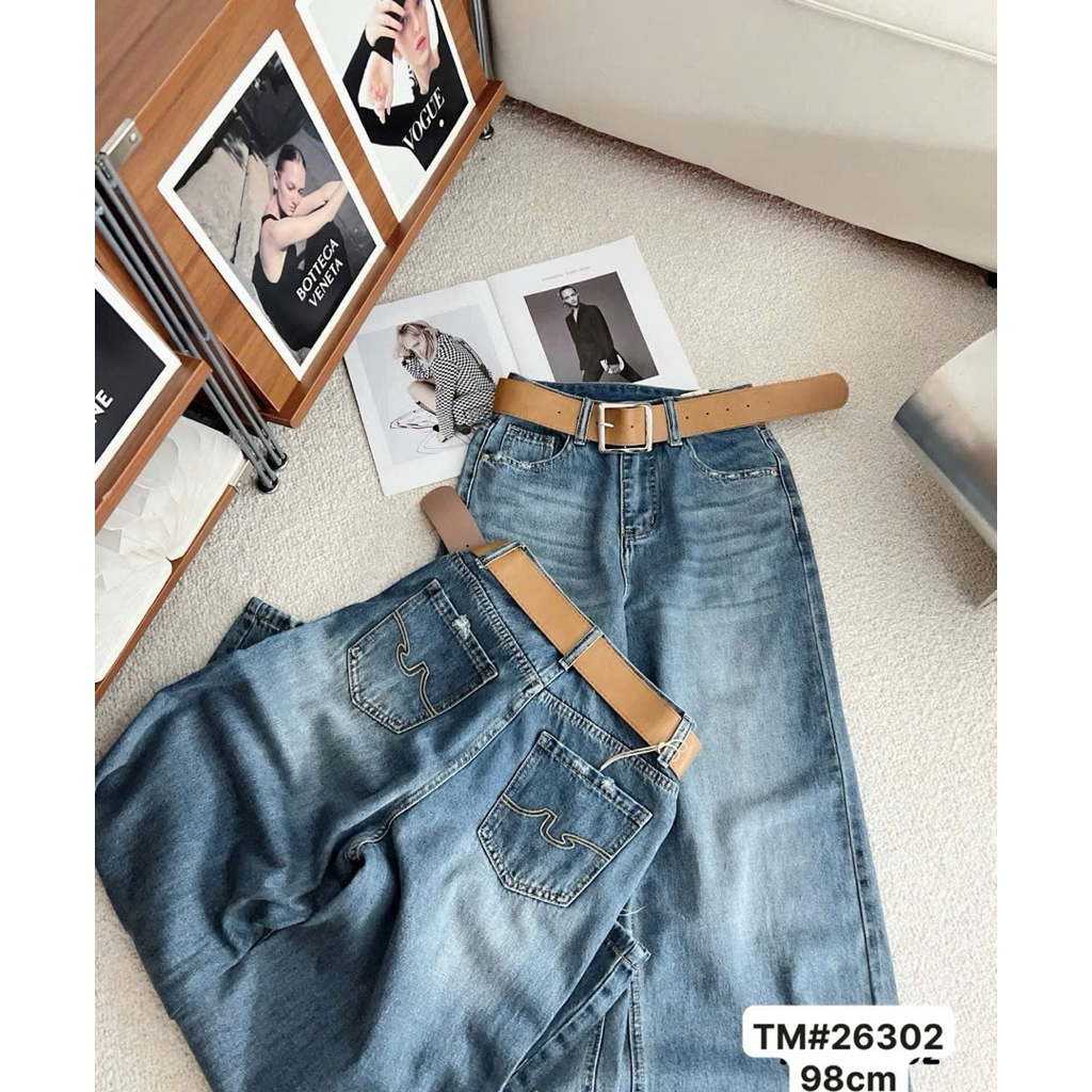 [Sẵn/QC] Quần Jeans Nữ Dáng Suông Dài 98cm Tặng Kèm Đai Basic Dễ Phối #26302