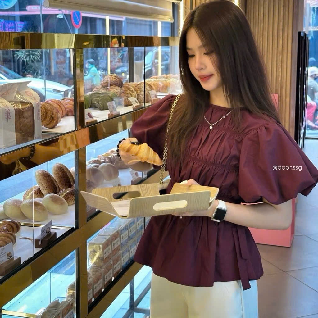[Hàng mới] Áo nhún phối tay bồng tôn dáng A075