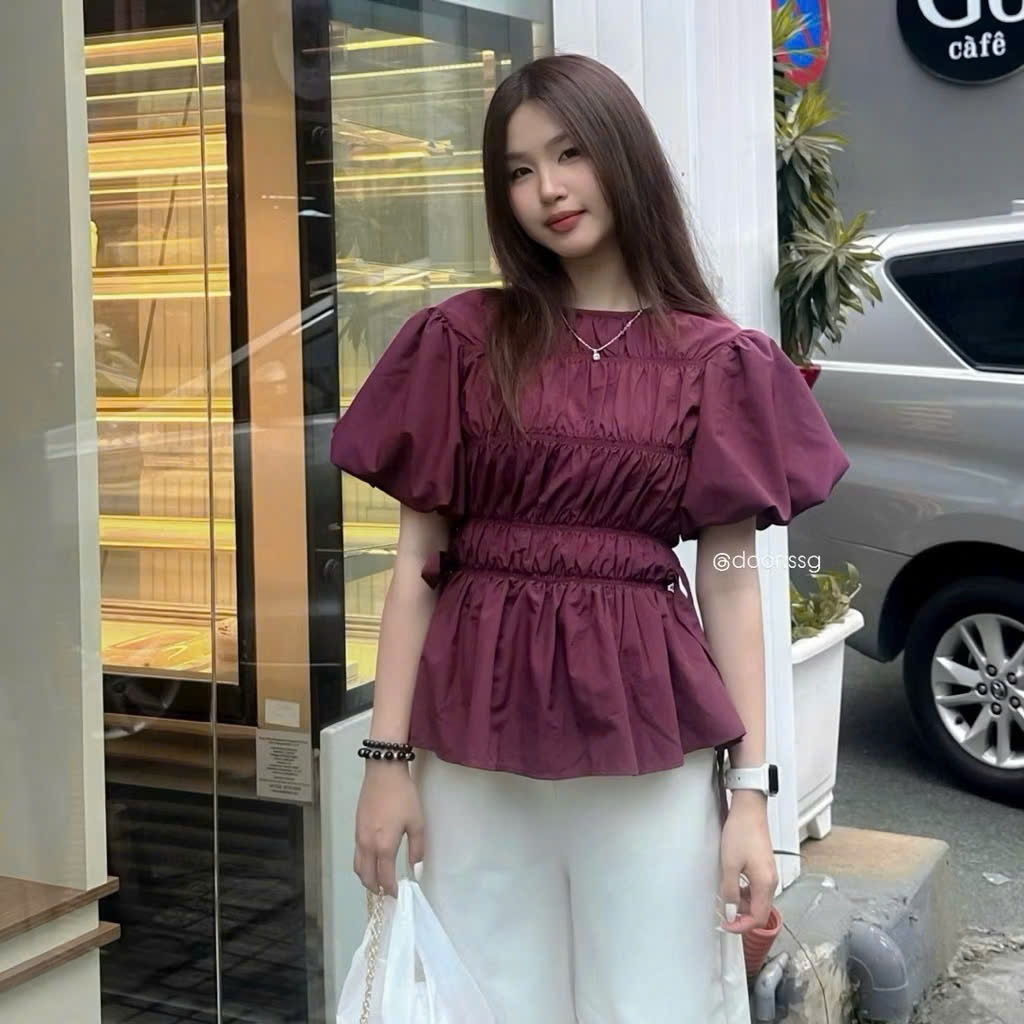 [Hàng mới] Áo nhún phối tay bồng tôn dáng A075