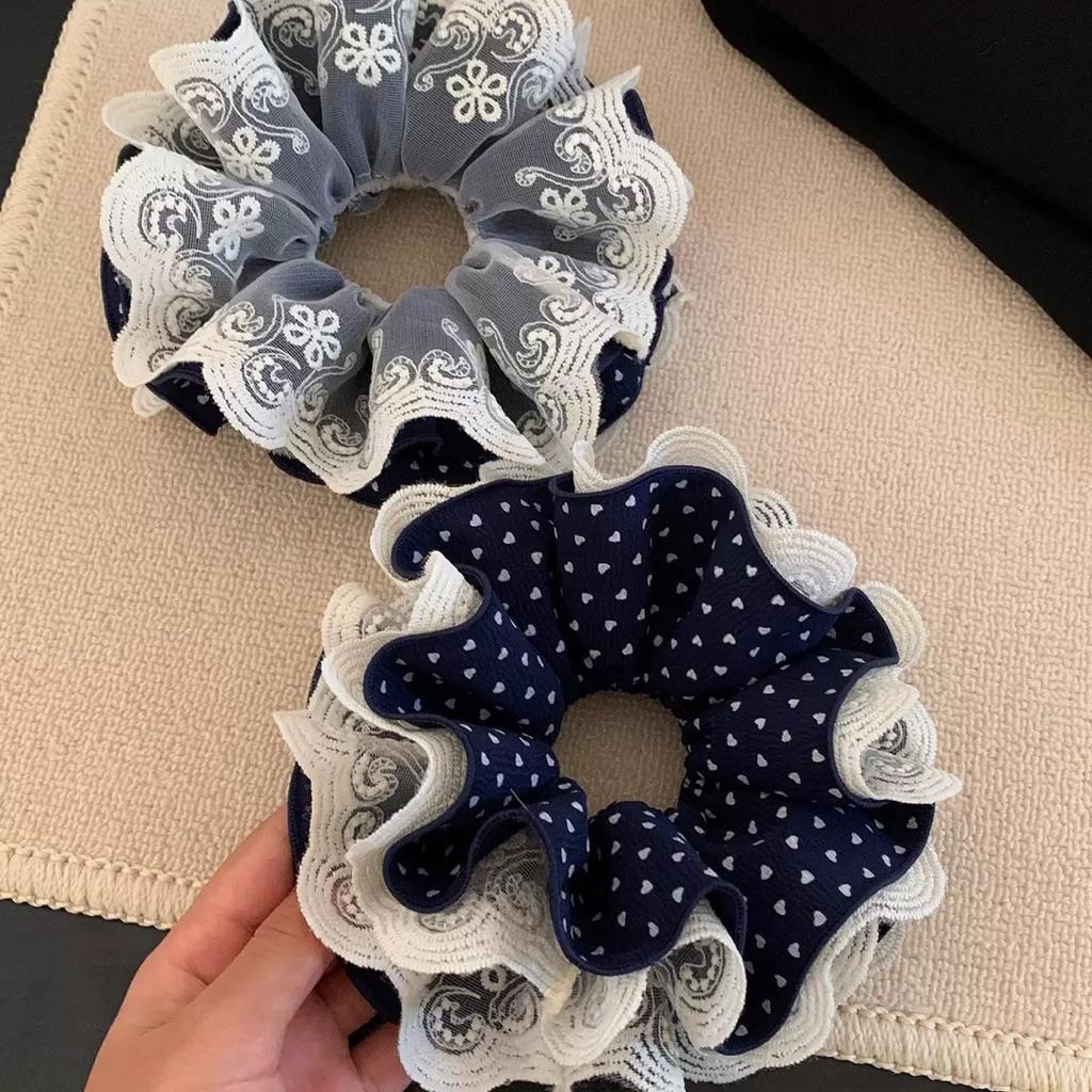 scrunchies ren phồng, cột tóc ren chấm bi