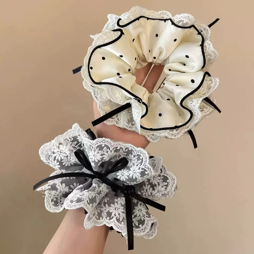 scrunchies ren phồng, cột tóc ren chấm bi