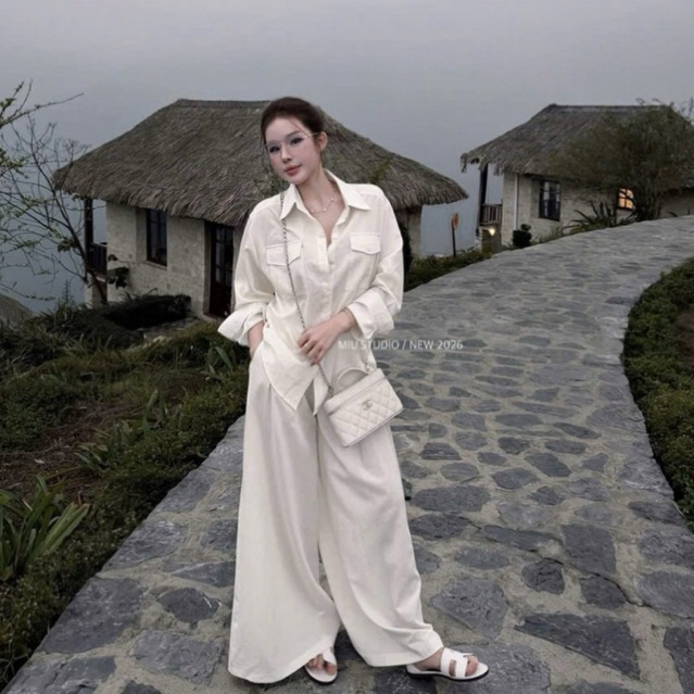 MIU.STUDIO •”Naomi Set” Set áo sơmi đũi from rộng thoải mái phối quần suông ống rộng style basic thanh lịch