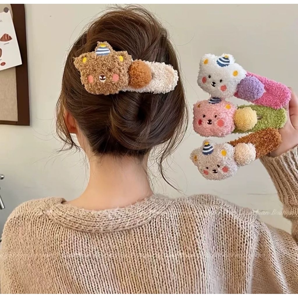Set 4 kẹp Gấu bông to mềm mại dễ thương màu kẹo ngọt cho nữ