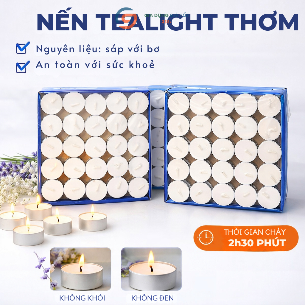 Nến tealight 100 viên cháy 2h không khói, không mùi dùng hâm nóng thức ăn, xông tinh dầu, thảo mộc