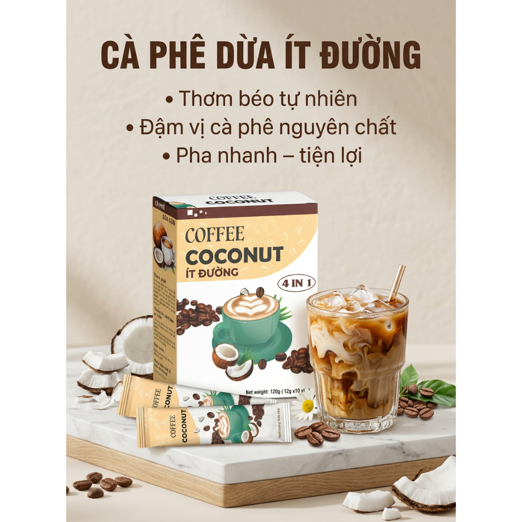 Cà Phê Dừa Coconut – Hộp 10 Gói x 12g – Ít Ngọt Thơm Béo Tự Nhiên