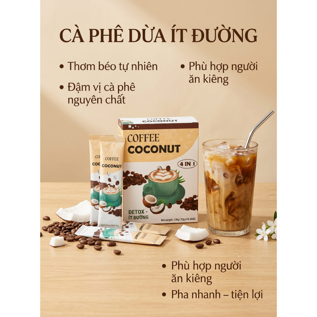 [ Combo 10 hộp TẶNG LY ] Cà Phê Dừa - Ít Đường Dành Cho Người Ăn Kiêng & Giảm Cân. Không chứa chất bảo quản, Hộp 10 gói