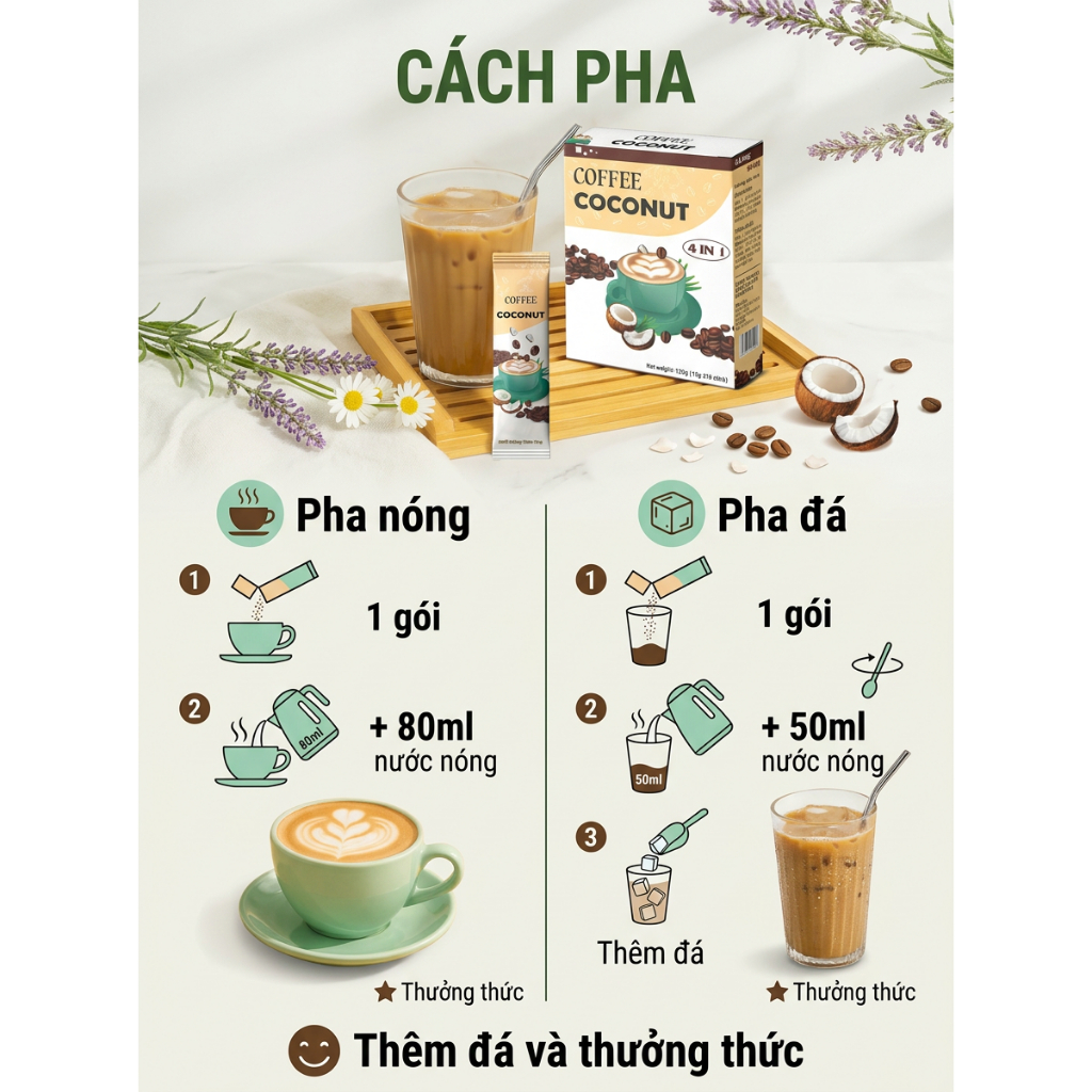 Cà Phê Dừa Greenfarm Coconut Coffee – Cà Phê Hòa Tan Béo Thơm Tự Nhiên, Ít Ngọt, Uống Là Ghiền