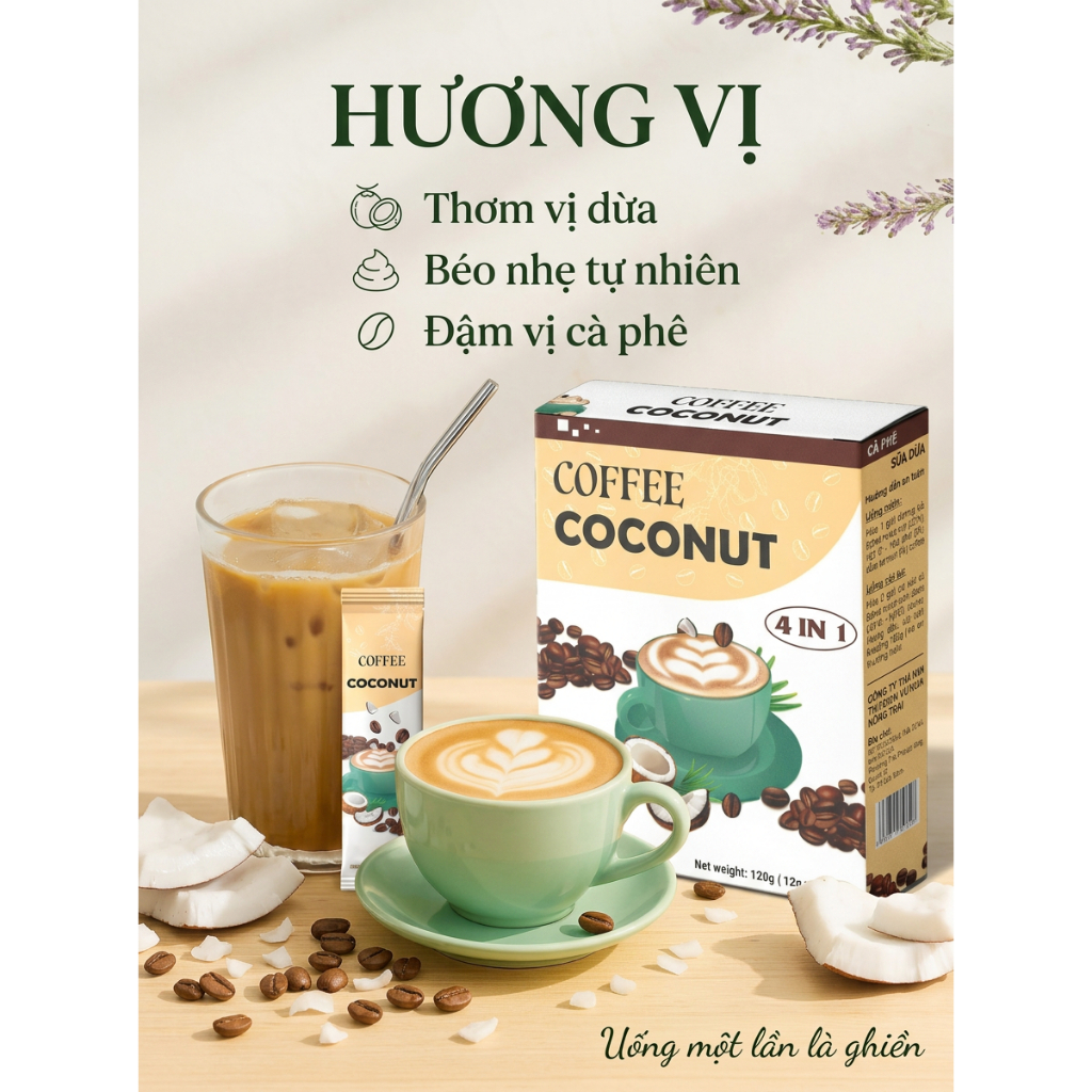 Cà Phê Dừa Greenfarm Coconut Coffee – Cà Phê Hòa Tan Béo Thơm Tự Nhiên, Ít Ngọt, Uống Là Ghiền