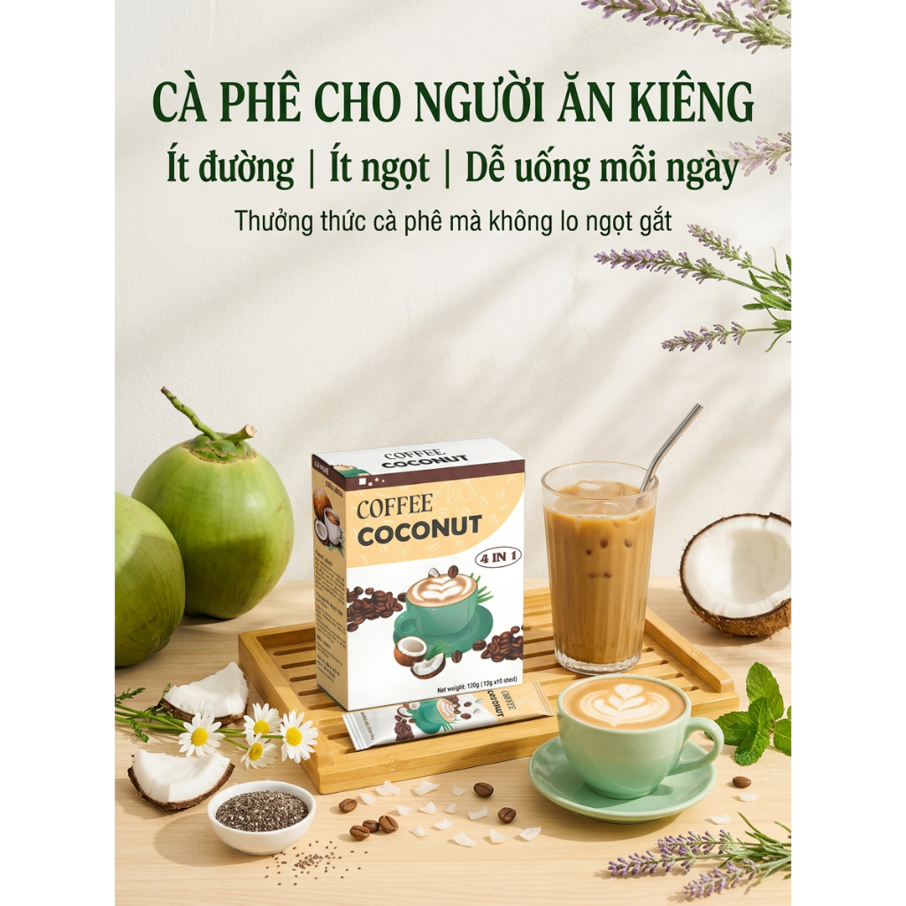 Cà Phê Dừa Greenfarm Coconut Coffee – Cà Phê Hòa Tan Béo Thơm Tự Nhiên, Ít Ngọt, Uống Là Ghiền