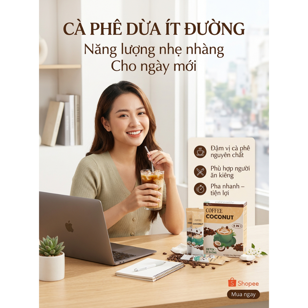 Cà Phê Dừa Giảm Đường – Hộp 10 Gói x 12g – Thơm Béo Tự Nhiên
