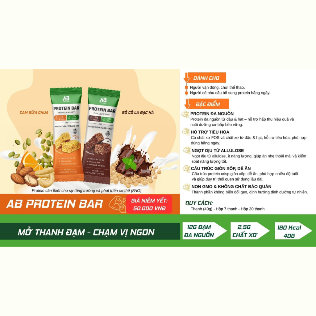 Thanh Protein Bar AB Nutrition (40g) - Bổ Sung 12g Đạm Đa Nguồn, Snack Ăn Kiêng Eat Clean Giòn Xốp